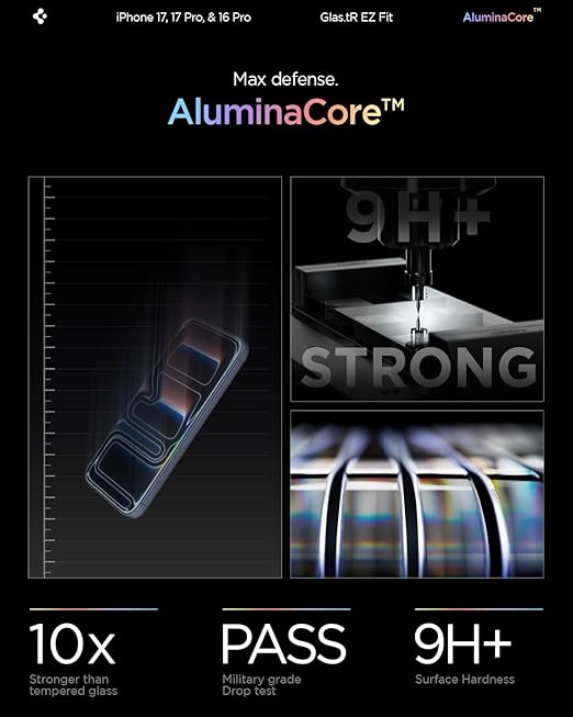 Spigen AluminaCore Tempered Glass Screen Protector [Glas.tR EZ Fit] designed for iPhone 17 Pro | iPhone 17 | iPhone 16 Pro [2 Pack] 9H+ Hardness, Aluminum-Enhanced Durability