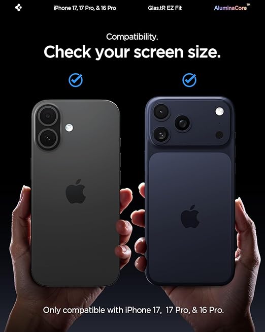 Spigen AluminaCore Tempered Glass Screen Protector [Glas.tR EZ Fit] designed for iPhone 17 Pro | iPhone 17 | iPhone 16 Pro [2 Pack] 9H+ Hardness, Aluminum-Enhanced Durability