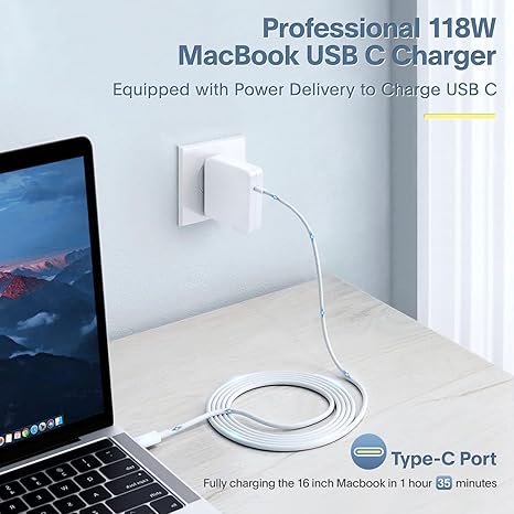 Mac Book Pro Charger - 118W USB C Fast Charger Power Adapter Compatible with MacBook Pro & MacBook Air 13, 14, 15, 16 inch, M1 M2 M3 M4 M5, New ipad Pro and All USB C Device, 6.6ft Charge Cable